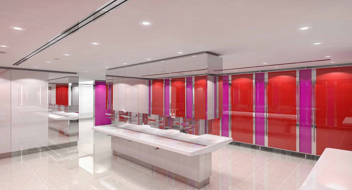 Standardisation espaces blocs sanitaires des terminaux passagers Aéroports de Paris, réaménagement espace et design du mobilier